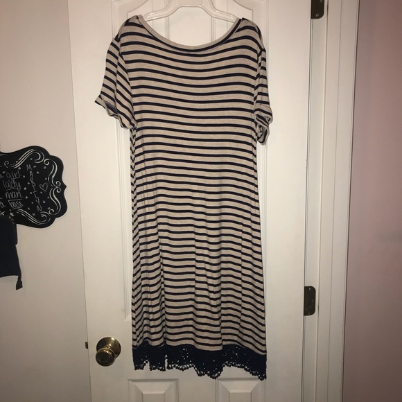 Navy Striped Dress with Lace Hem - Picture 2 of 3